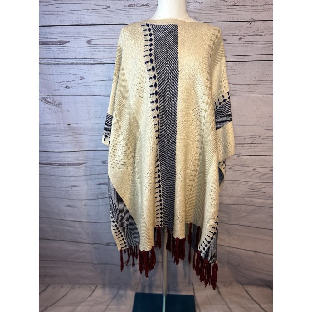 Baciano Boho Fringe Geometric Knit Poncho Sweater Shawl Size S Beige Navy Red